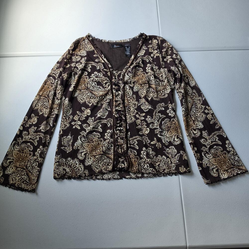 Y2K Whimsigoth Fairy Grunge Womens XL Brown Paisley Ruffle V Neck Long Sleeve